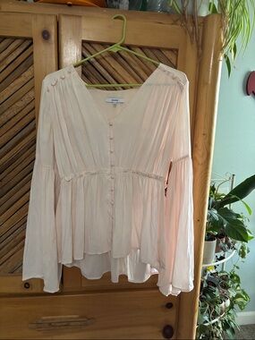 Pale Blush Button-Front Peasant Blouse
